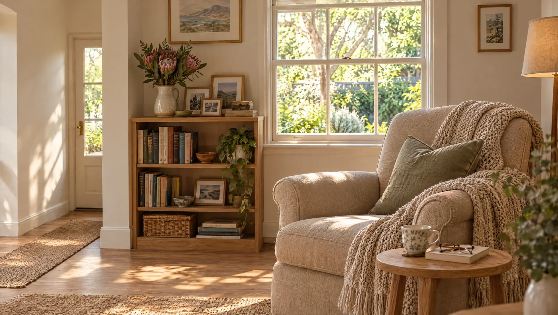 A calm, organised lounge in a retirement cottage