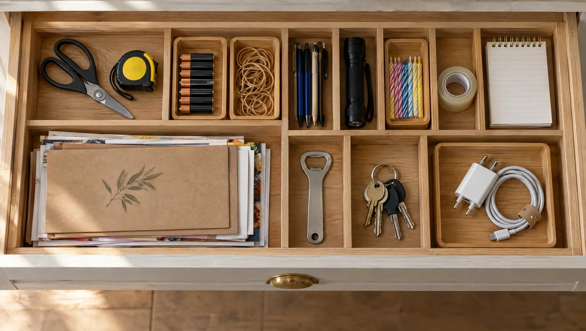 An organised kitchen drawer with dividers