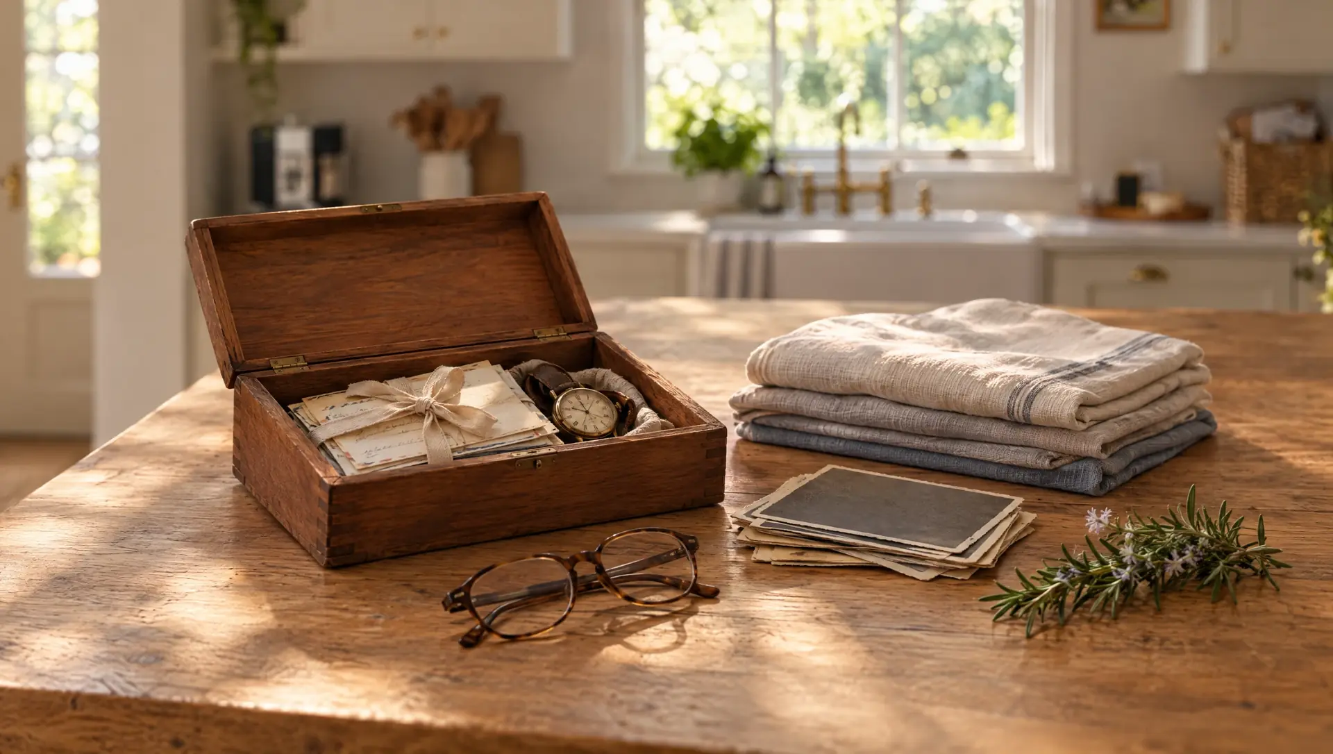 A keepsake box with letters and folded linen