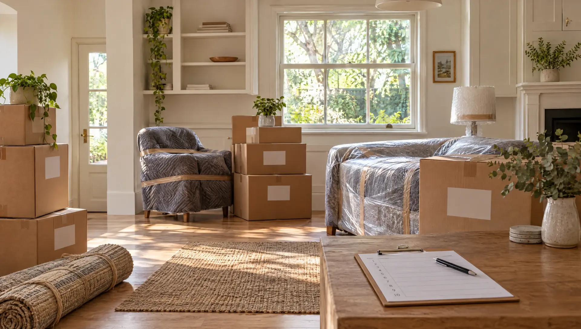 Neatly packed and labelled boxes on moving day